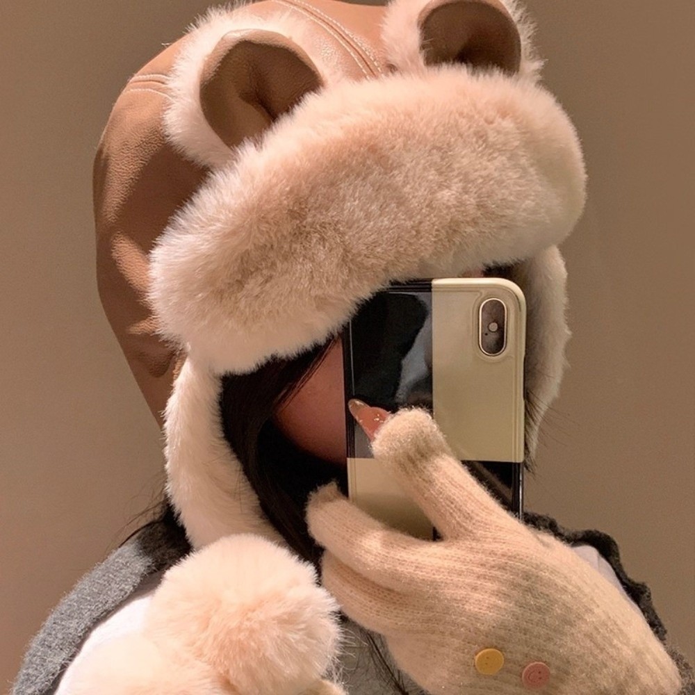 Trapper Hat Ear Flap - Rahat Suni Deri Ayı Kulaklı Şapka,